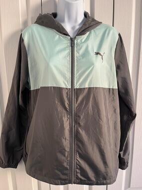 PUMA Men’s Medium Hooded Windbreaker Jacket Pumice Gray Mint Green Unisex Style